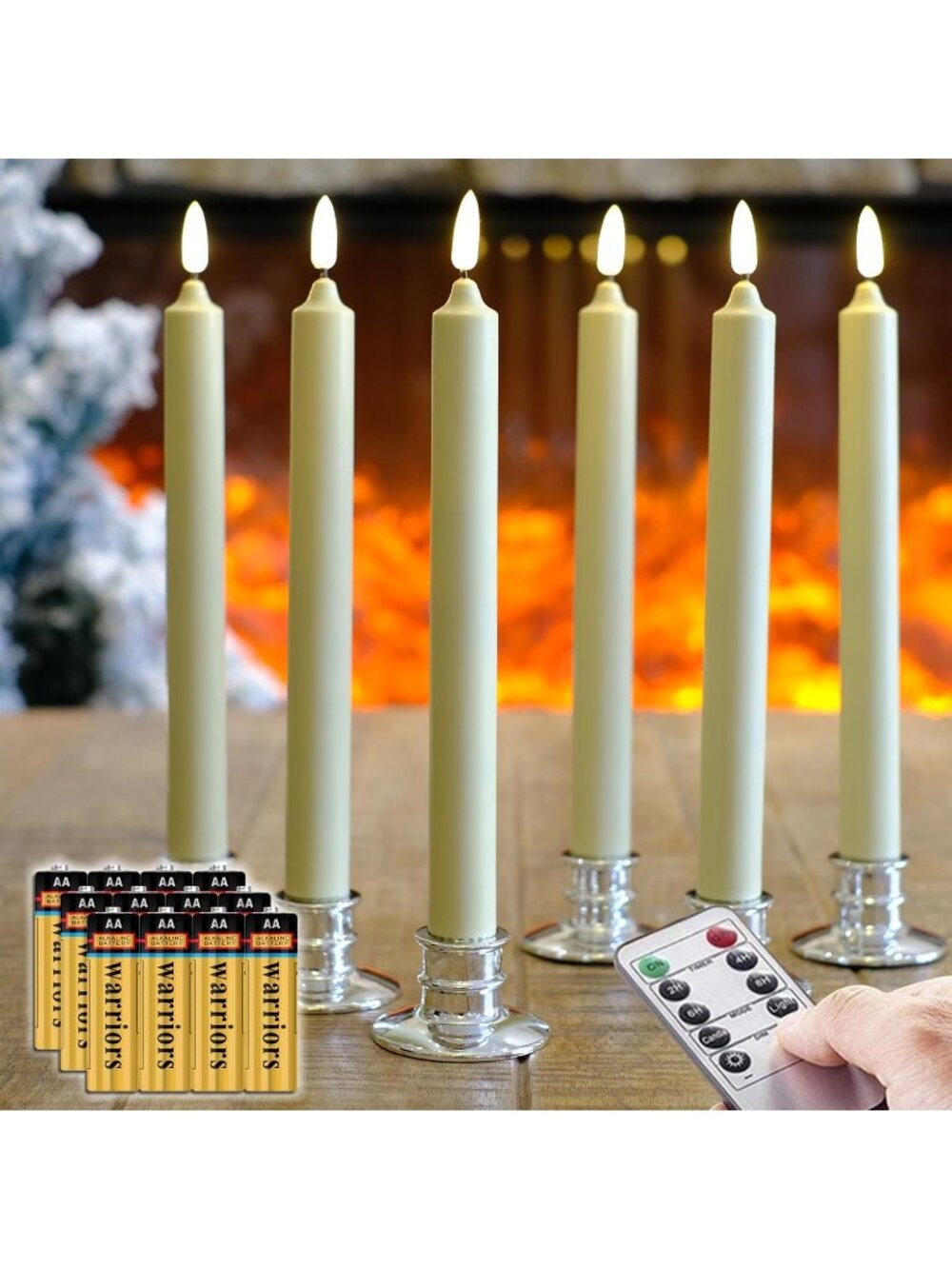 New Set of 6 Flameless Ivory Wax Windows Candles with 12 AA Batteries